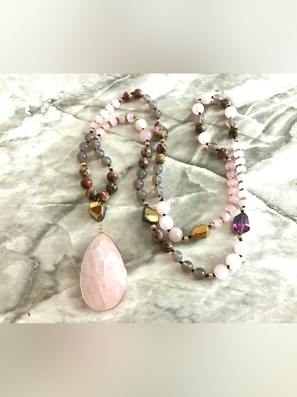 Rose Quartz Teardrop Beaded Necklace - Gold Accents